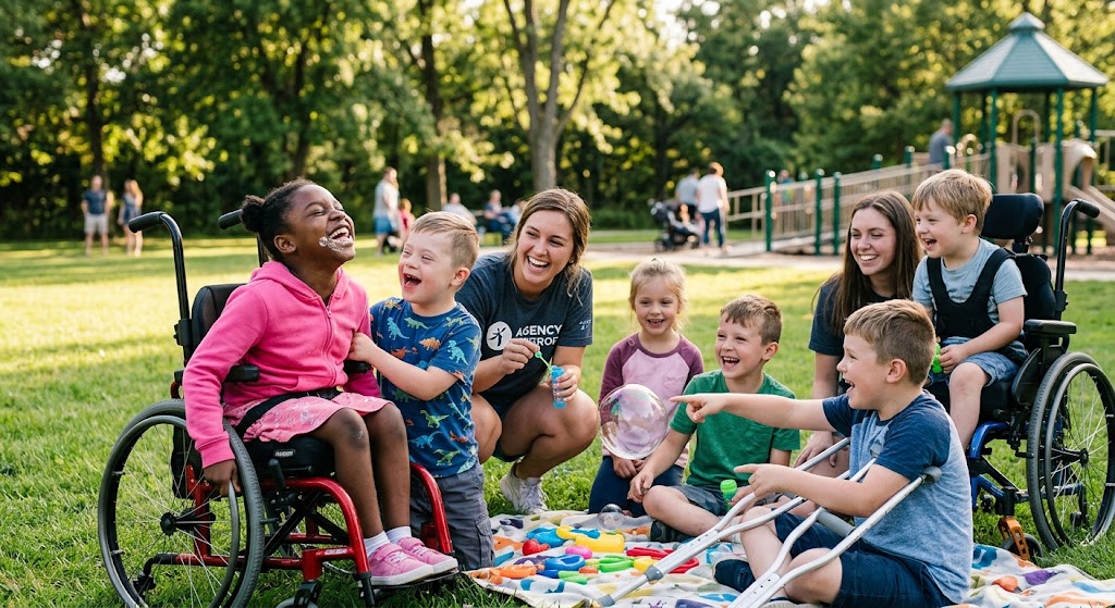 Children and support workers laughing together while blowing bubbles at an outdoor picnic in the park